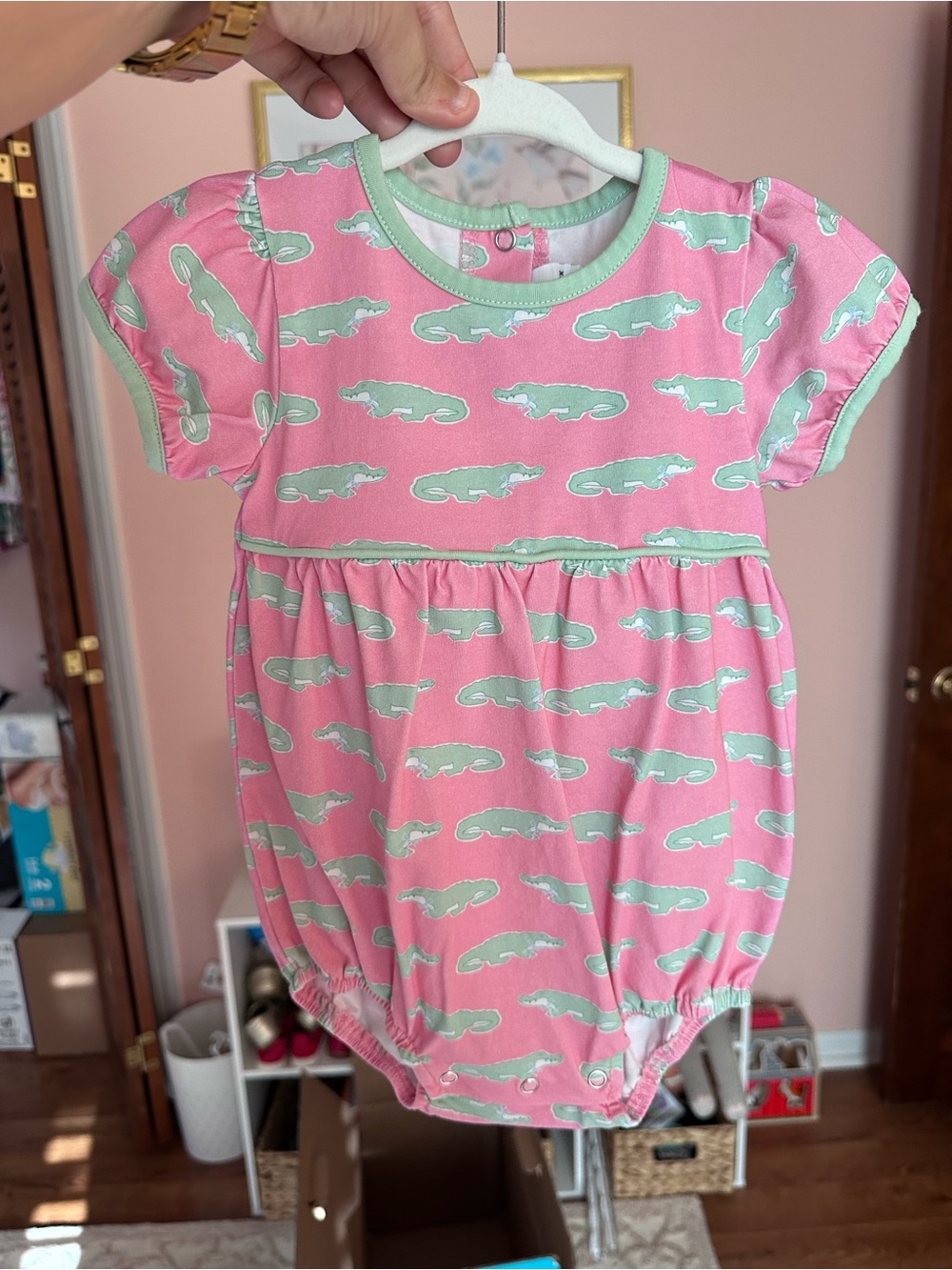 Pink Alligator Print Baby One-Piece Bodysuit with Mint Trim